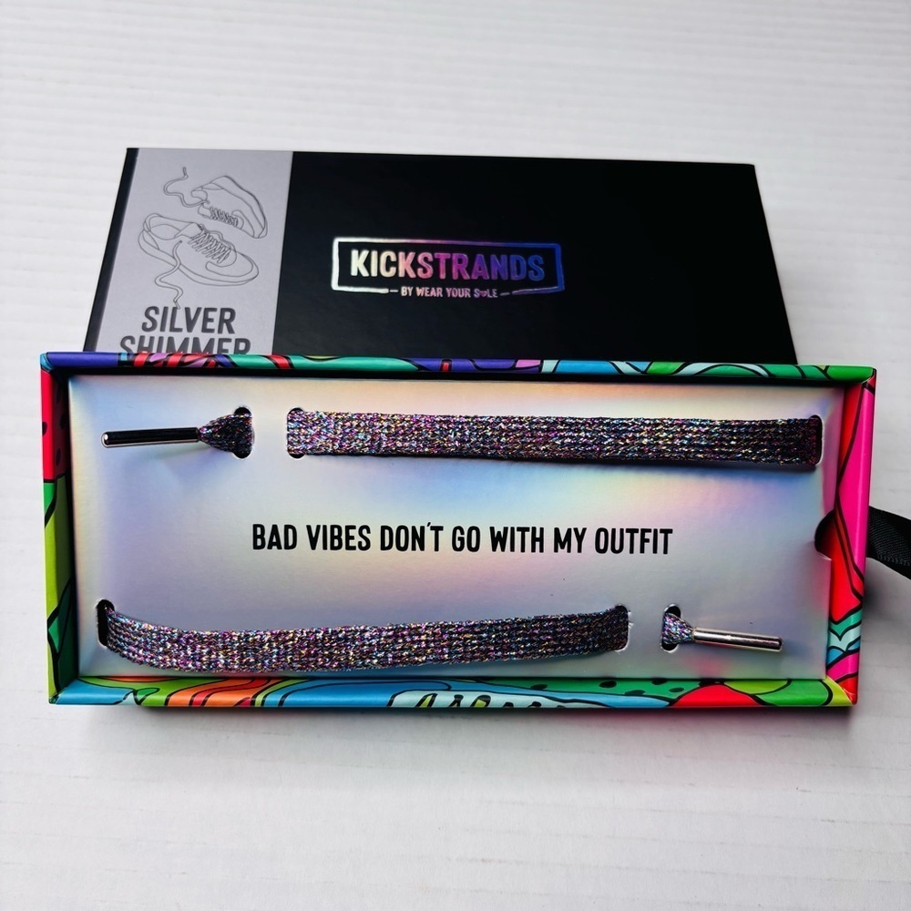 New WEAR YOUR SOLE Silver Shimmer Kickstrand Shoelaces